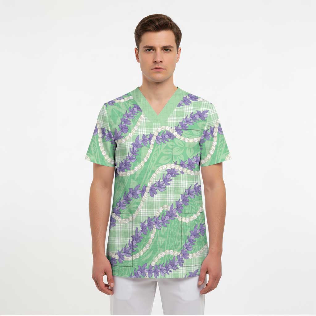 Pastel Green Hawaii Palaka Honohono Pikake Scrub Top Hawaiian Orchid Lei Polynesian Pattern - Polynesian Pride