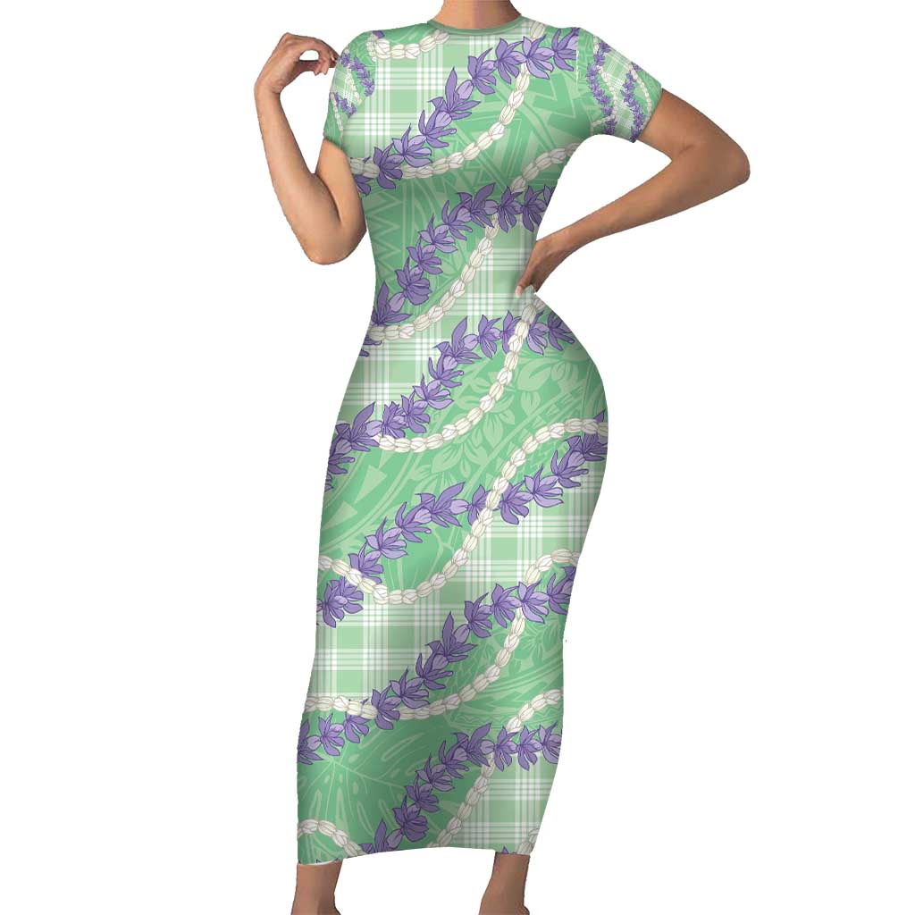 Pastel Green Hawaii Palaka Honohono Pikake Short Sleeve Bodycon Dress Hawaiian Orchid Lei Polynesian Pattern - Polynesian Pride