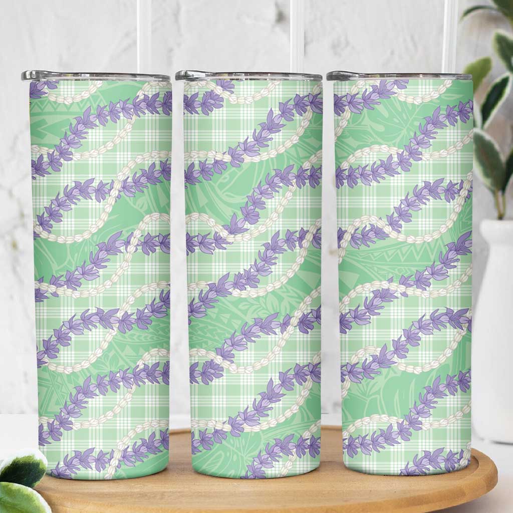 Pastel Green Hawaii Palaka Honohono Pikake Skinny Tumbler Hawaiian Orchid Lei Polynesian Pattern - Polynesian Pride