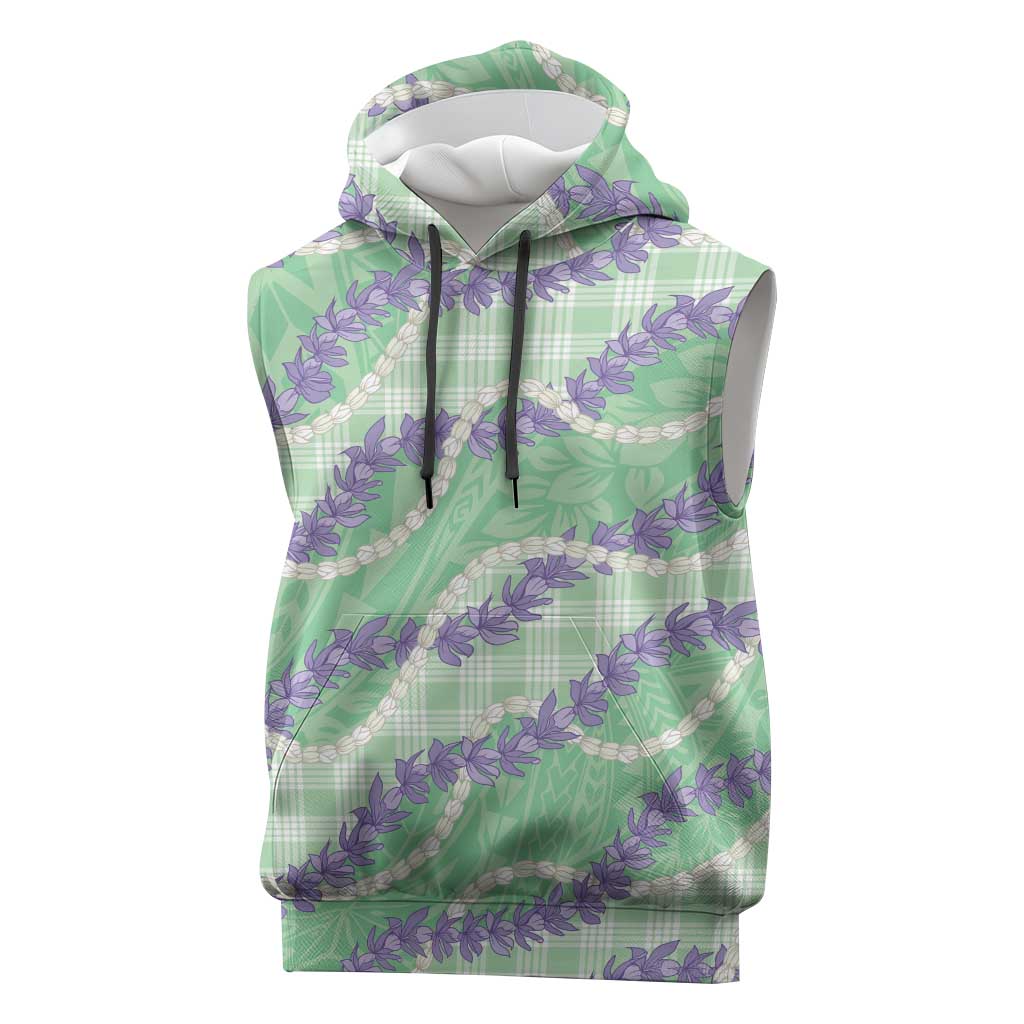 Pastel Green Hawaii Palaka Honohono Pikake Sleeveless Hoodie Hawaiian Orchid Lei Polynesian Pattern - Polynesian Pride