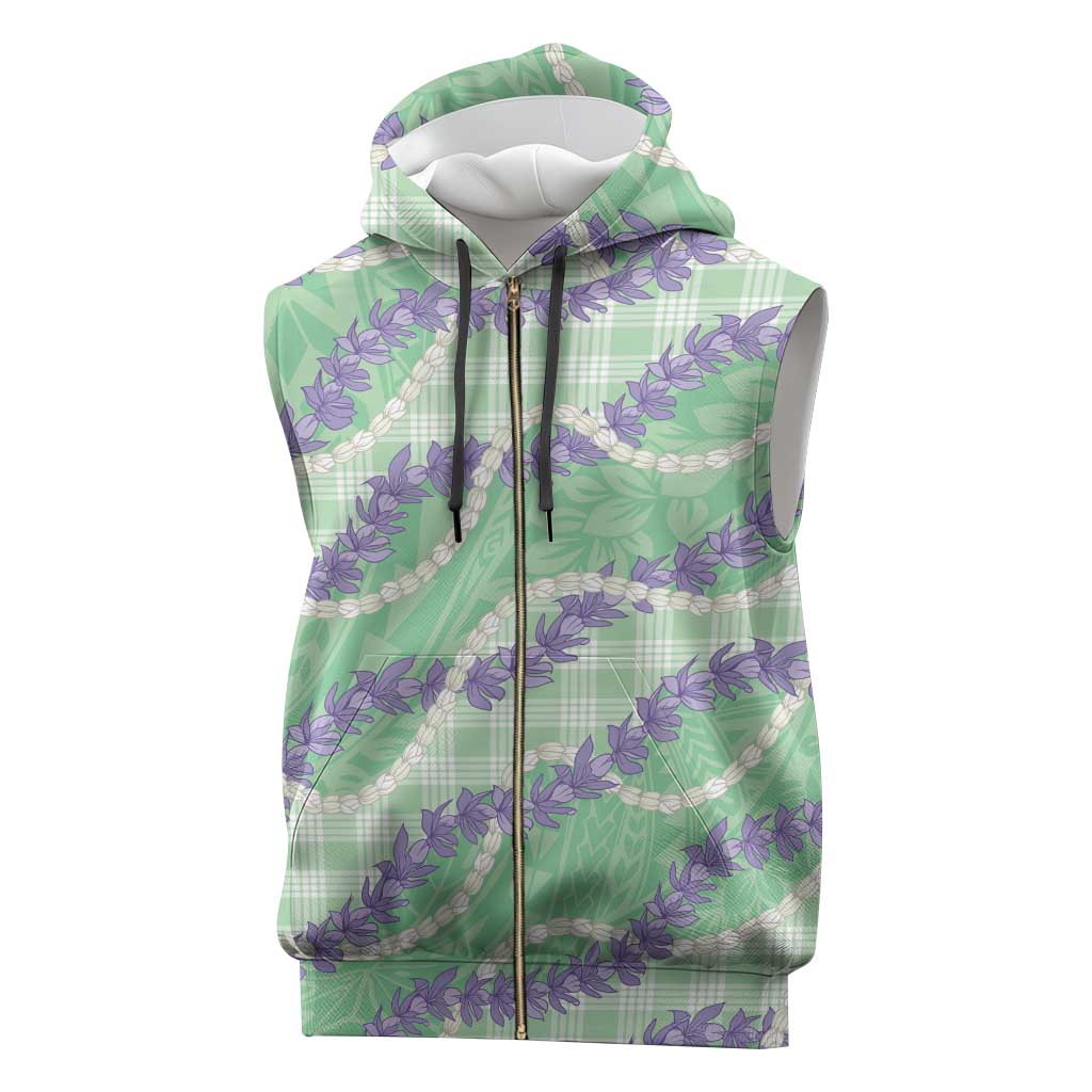 Pastel Green Hawaii Palaka Honohono Pikake Sleeveless Zip Hoodie Hawaiian Orchid Lei Polynesian Pattern - Polynesian Pride