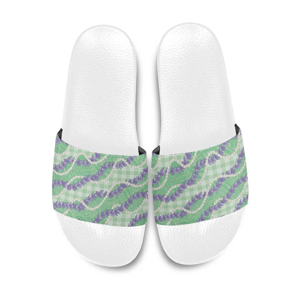 Pastel Green Hawaii Palaka Honohono Pikake Slide Sandals Hawaiian Orchid Lei Polynesian Pattern - Polynesian Pride