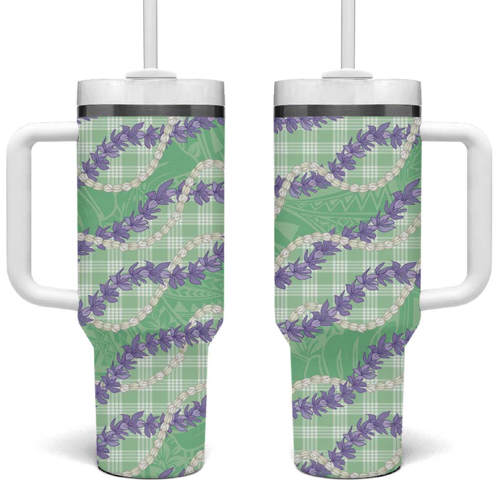 Pastel Green Hawaii Palaka Honohono Pikake Tumbler With Handle Hawaiian Orchid Lei Polynesian Pattern - Polynesian Pride