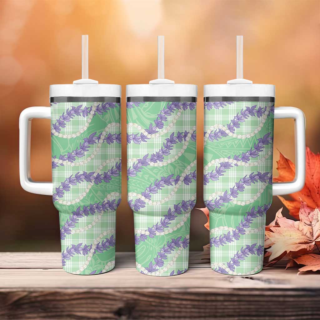 Pastel Green Hawaii Palaka Honohono Pikake Tumbler With Handle Hawaiian Orchid Lei Polynesian Pattern - Polynesian Pride