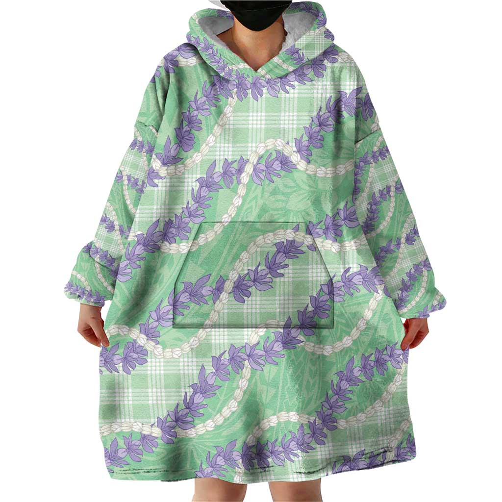 Pastel Green Hawaii Palaka Honohono Pikake Wearable Blanket Hoodie Hawaiian Orchid Lei Polynesian Pattern - Polynesian Pride