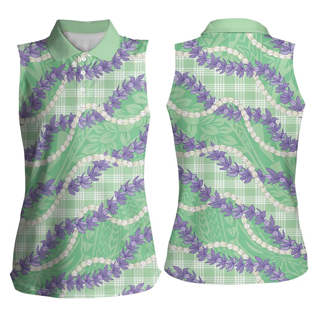 Pastel Green Hawaii Palaka Honohono Pikake Women Sleeveless Polo Shirt Hawaiian Orchid Lei Polynesian Pattern - Polynesian Pride