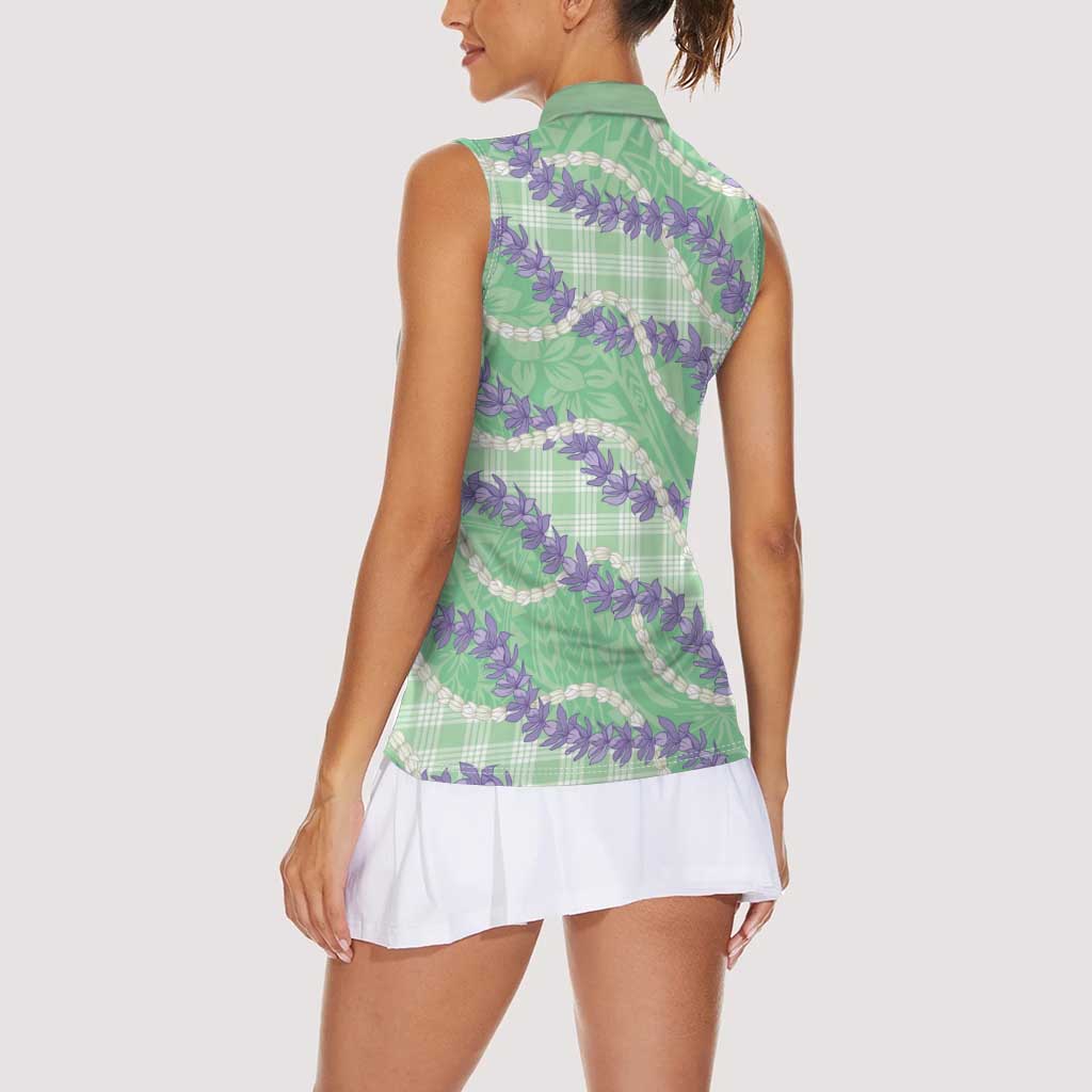 Pastel Green Hawaii Palaka Honohono Pikake Women Sleeveless Polo Shirt Hawaiian Orchid Lei Polynesian Pattern - Polynesian Pride