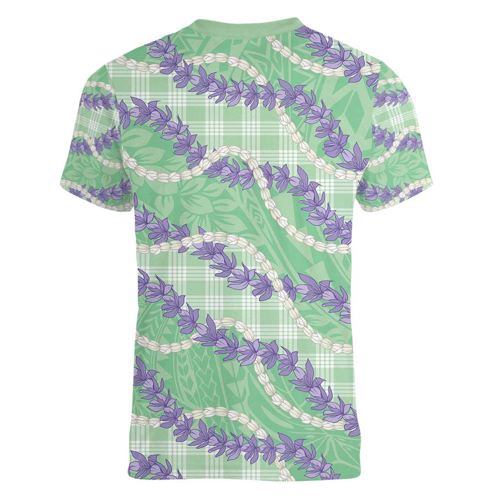 Pastel Green Hawaii Palaka Honohono Pikake Women V-Neck T-Shirt Hawaiian Orchid Lei Polynesian Pattern - Polynesian Pride