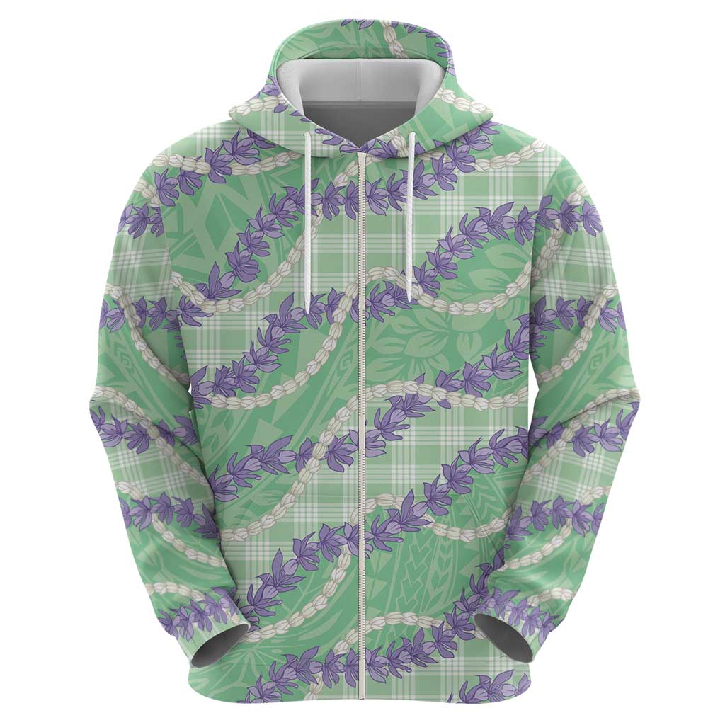 Pastel Green Hawaii Palaka Honohono Pikake Zip Hoodie Hawaiian Orchid Lei Polynesian Pattern - Polynesian Pride