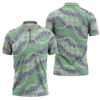 Pastel Green Hawaii Palaka Honohono Pikake Zipper Polo Shirt Hawaiian Orchid Lei Polynesian Pattern - Polynesian Pride