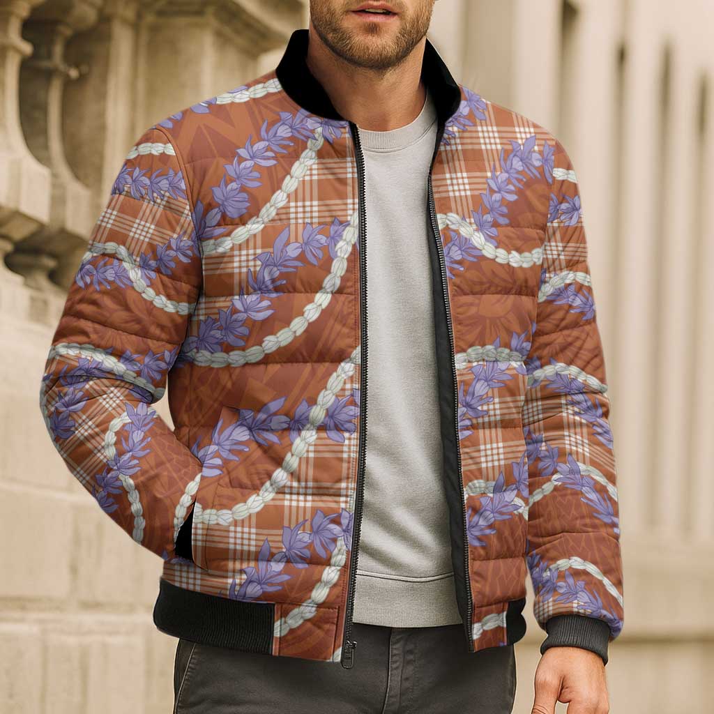 Orange Hawaii Palaka Honohono Pikake Bomber Puffer Jacket Hawaiian Orchid Lei Polynesian Pattern - Polynesian Pride