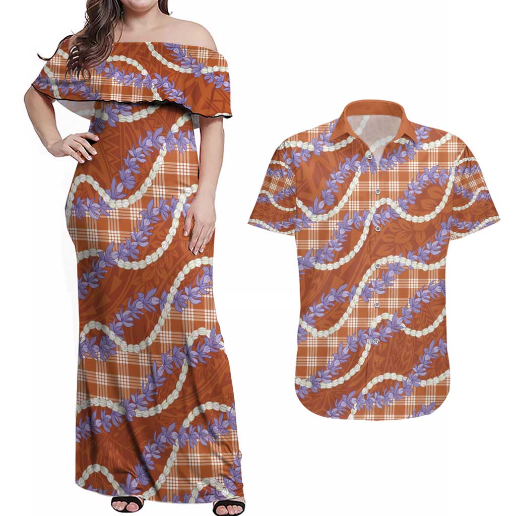 Orange Hawaii Palaka Honohono Pikake Couples Matching Off Shoulder Maxi Dress and Hawaiian Shirt Hawaiian Orchid Lei Polynesian Pattern - Polynesian Pride