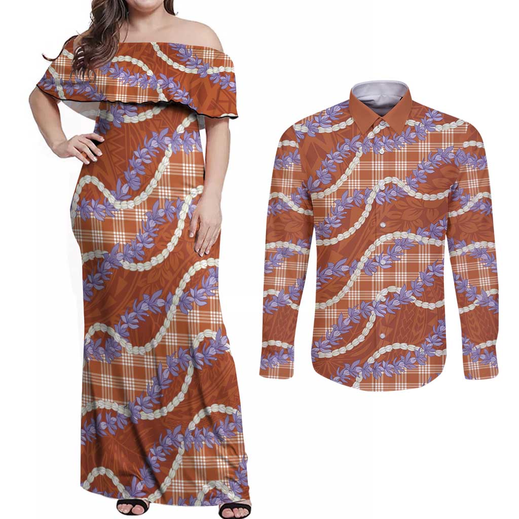 Orange Hawaii Palaka Honohono Pikake Couples Matching Off Shoulder Maxi Dress and Long Sleeve Button Shirt Hawaiian Orchid Lei Polynesian Pattern - Polynesian Pride