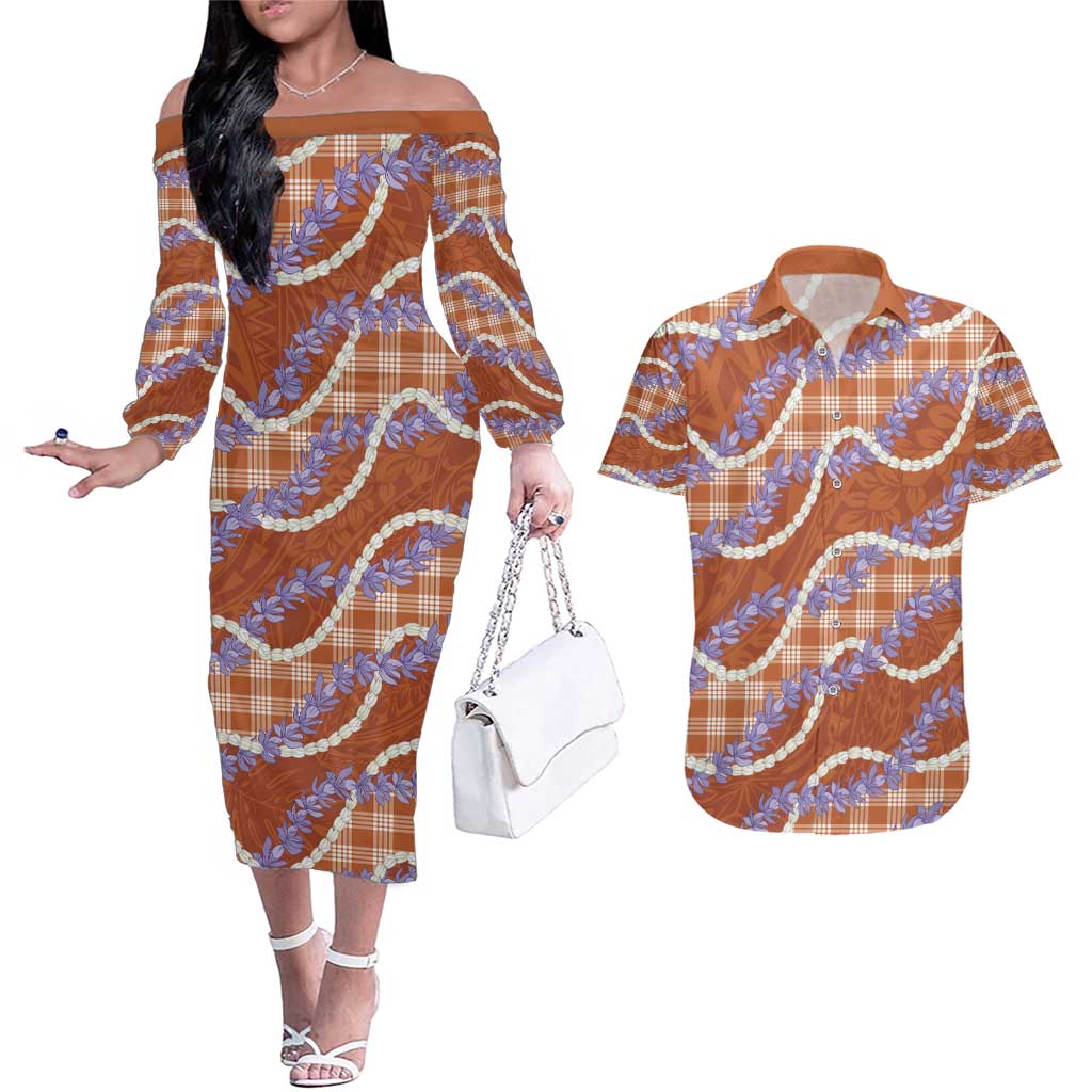 Orange Hawaii Palaka Honohono Pikake Couples Matching Off The Shoulder Long Sleeve Dress and Hawaiian Shirt Hawaiian Orchid Lei Polynesian Pattern - Polynesian Pride