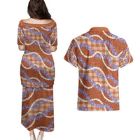Orange Hawaii Palaka Honohono Pikake Couples Matching Puletasi and Hawaiian Shirt Hawaiian Orchid Lei Polynesian Pattern - Polynesian Pride