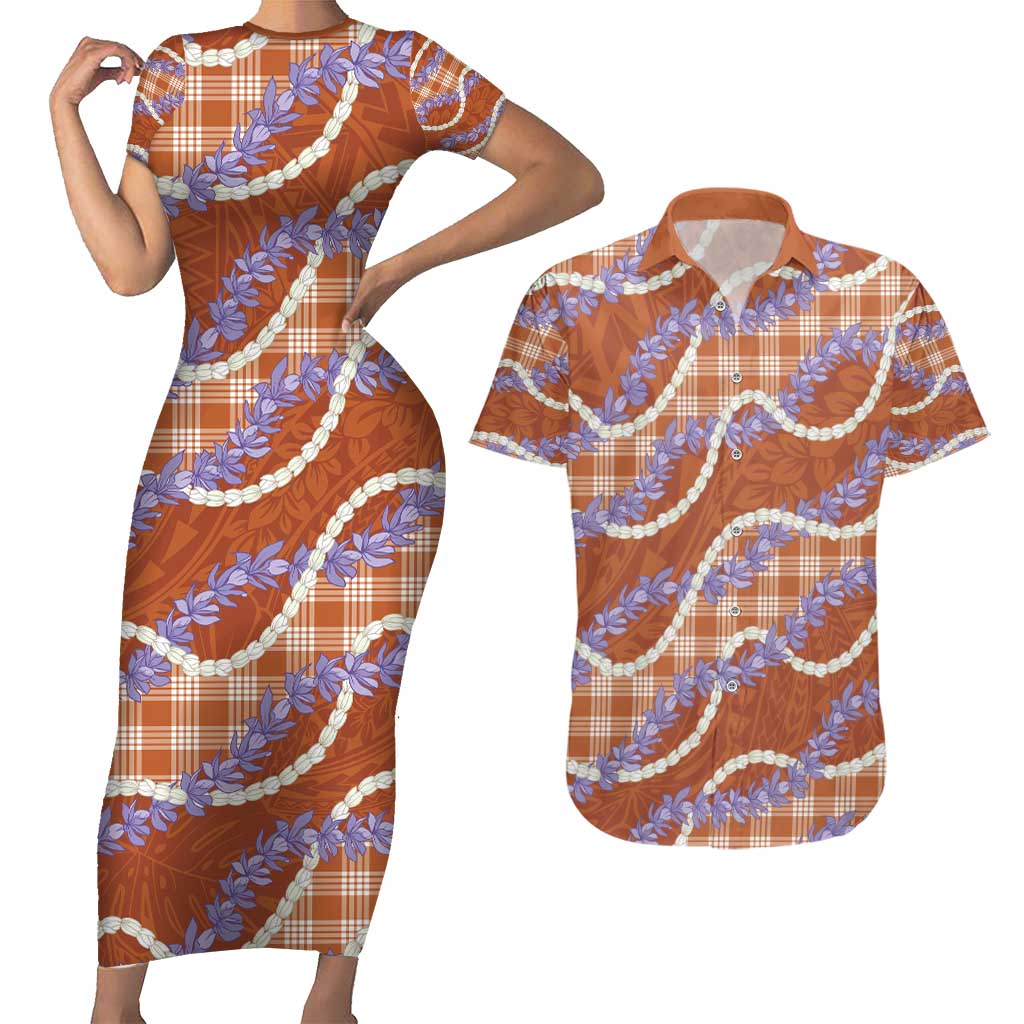 Orange Hawaii Palaka Honohono Pikake Couples Matching Short Sleeve Bodycon Dress and Hawaiian Shirt Hawaiian Orchid Lei Polynesian Pattern - Polynesian Pride