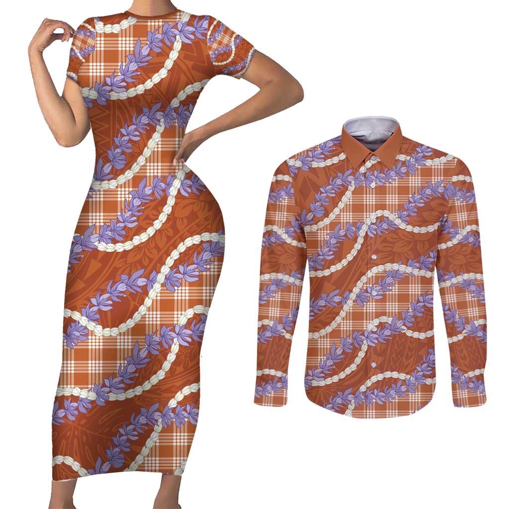 Orange Hawaii Palaka Honohono Pikake Couples Matching Short Sleeve Bodycon Dress and Long Sleeve Button Shirt Hawaiian Orchid Lei Polynesian Pattern - Polynesian Pride