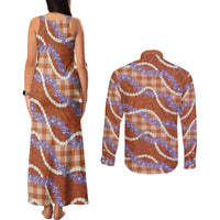 Orange Hawaii Palaka Honohono Pikake Couples Matching Tank Maxi Dress and Long Sleeve Button Shirt Hawaiian Orchid Lei Polynesian Pattern - Polynesian Pride