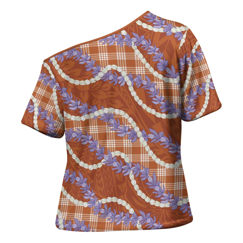 Orange Hawaii Palaka Honohono Pikake Cross Shoulder Shirt Hawaiian Orchid Lei Polynesian Pattern - Polynesian Pride