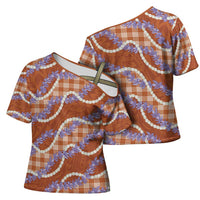 Orange Hawaii Palaka Honohono Pikake Cross Shoulder Shirt Hawaiian Orchid Lei Polynesian Pattern - Polynesian Pride