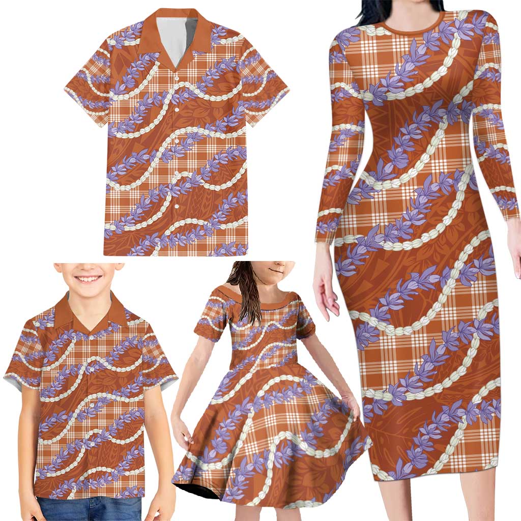 Orange Hawaii Palaka Honohono Pikake Family Matching Long Sleeve Bodycon Dress and Hawaiian Shirt Hawaiian Orchid Lei Polynesian Pattern - Polynesian Pride