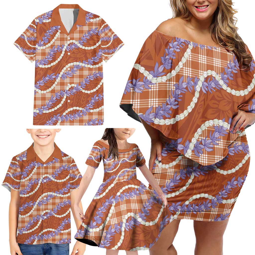 Orange Hawaii Palaka Honohono Pikake Family Matching Off Shoulder Short Dress and Hawaiian Shirt Hawaiian Orchid Lei Polynesian Pattern - Polynesian Pride
