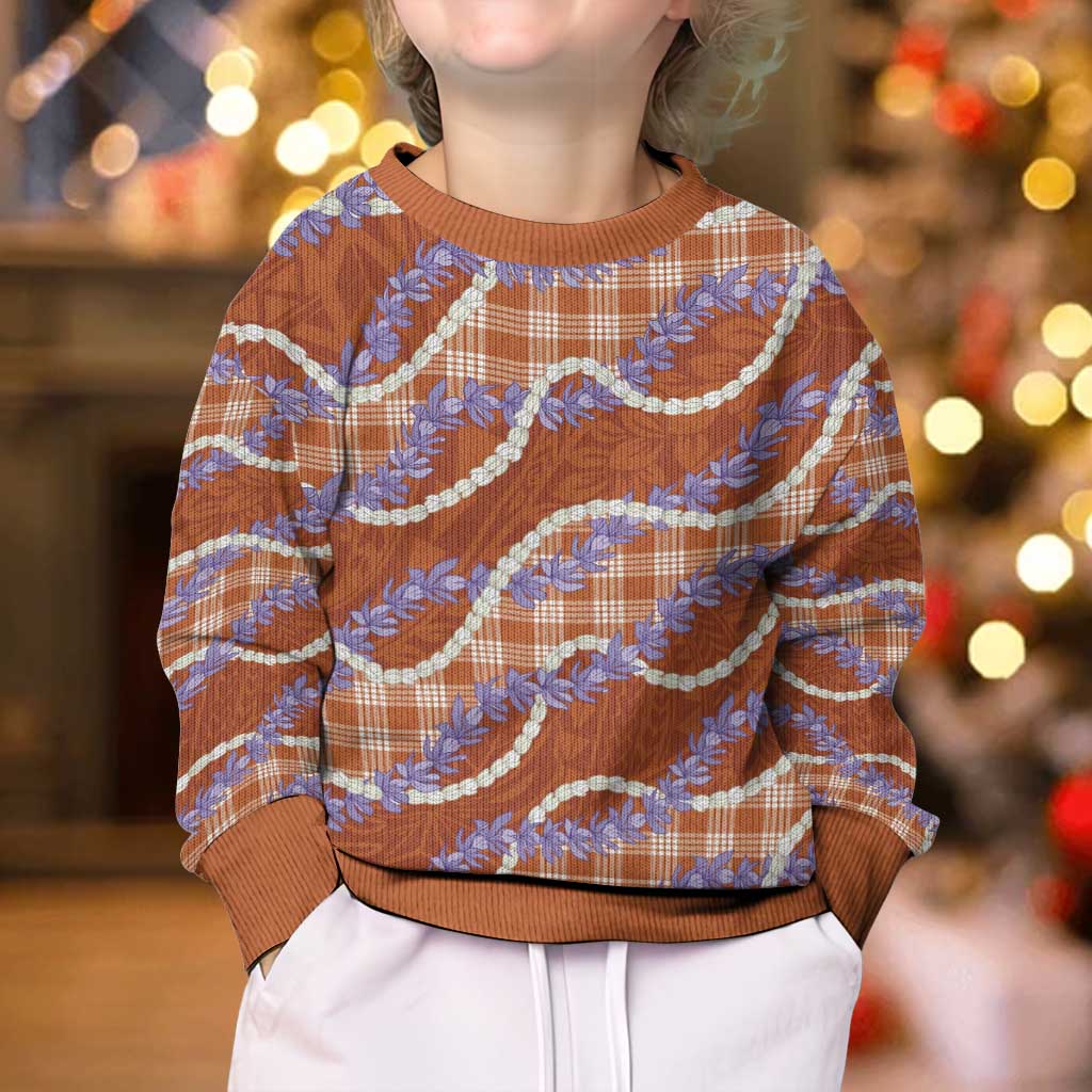 Orange Hawaii Palaka Honohono Pikake Kid Ugly Christmas Sweater Hawaiian Orchid Lei Polynesian Pattern - Polynesian Pride