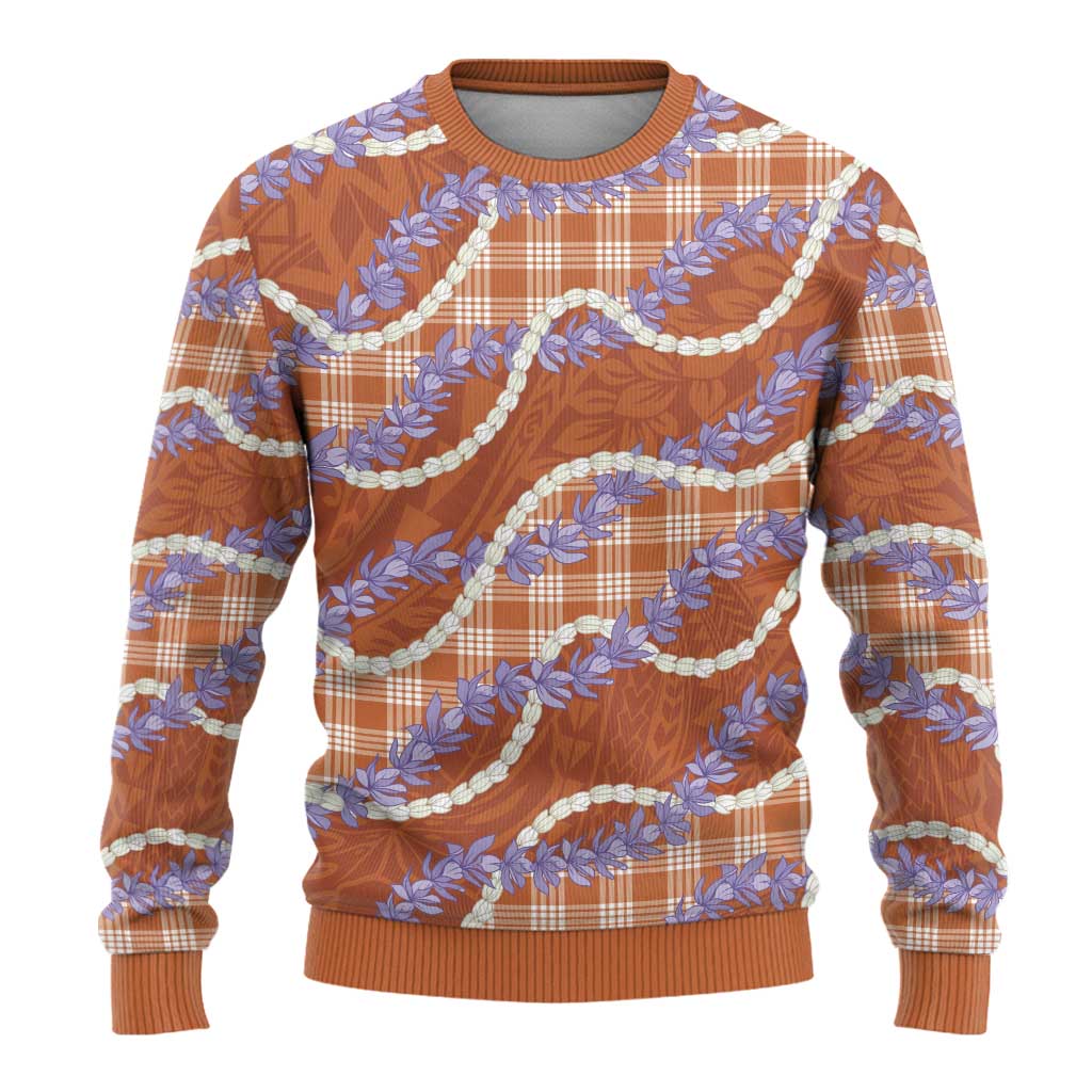 Orange Hawaii Palaka Honohono Pikake Ugly Christmas Sweater Hawaiian Orchid Lei Polynesian Pattern - Polynesian Pride