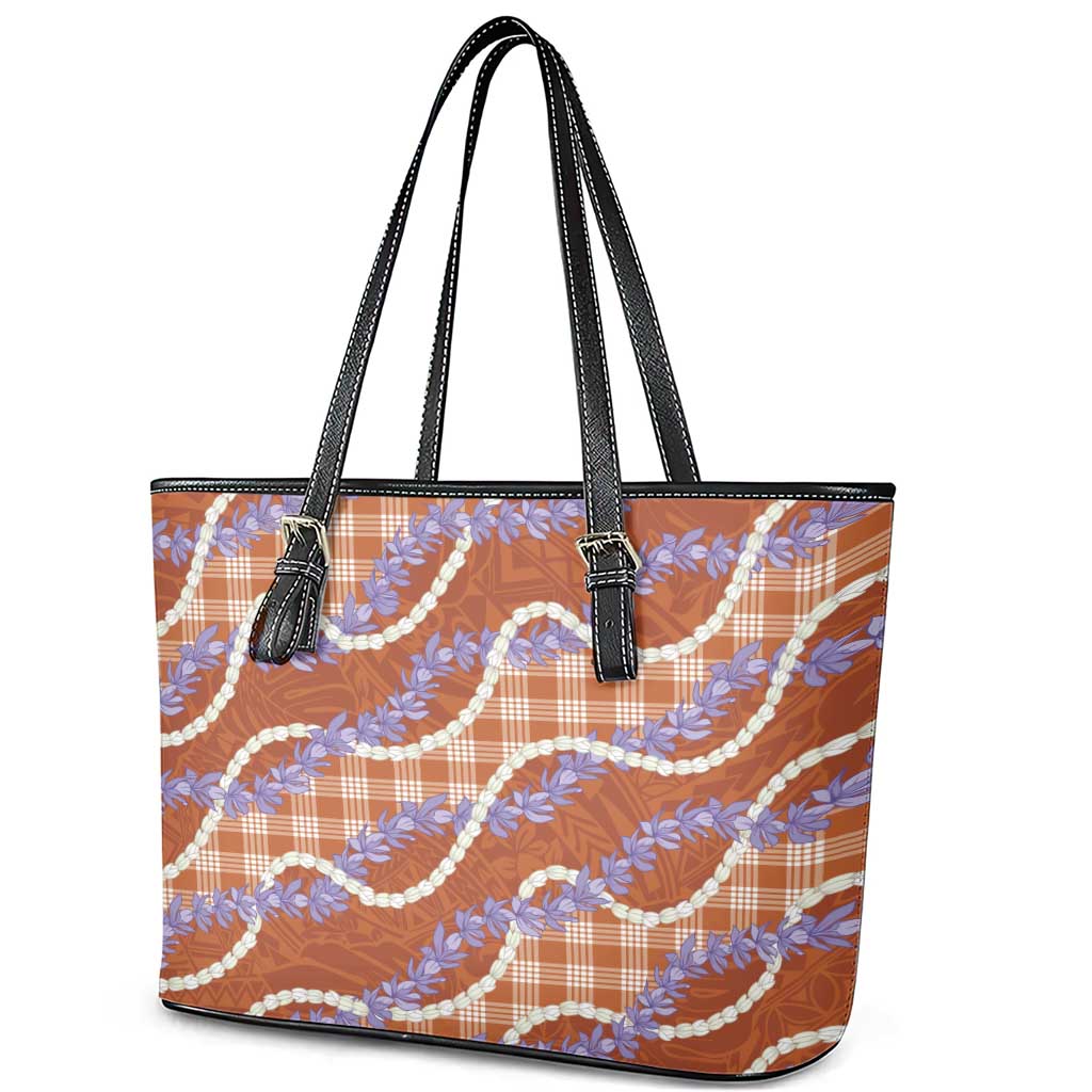 Orange Hawaii Palaka Honohono Pikake Leather Tote Bag Hawaiian Orchid Lei Polynesian Pattern - Polynesian Pride