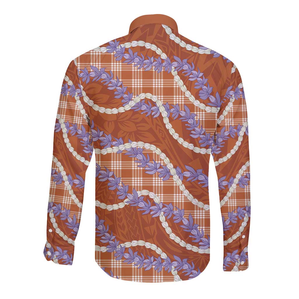 Orange Hawaii Palaka Honohono Pikake Long Sleeve Button Shirt Hawaiian Orchid Lei Polynesian Pattern - Polynesian Pride