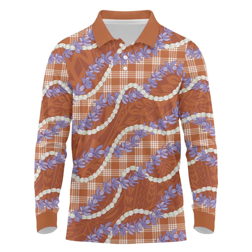 Orange Hawaii Palaka Honohono Pikake Long Sleeve Polo Shirt Hawaiian Orchid Lei Polynesian Pattern - Polynesian Pride