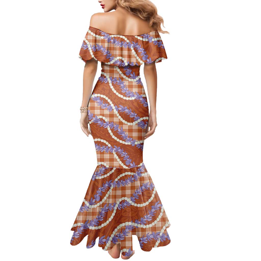 Orange Hawaii Palaka Honohono Pikake Mermaid Dress Hawaiian Orchid Lei Polynesian Pattern - Polynesian Pride