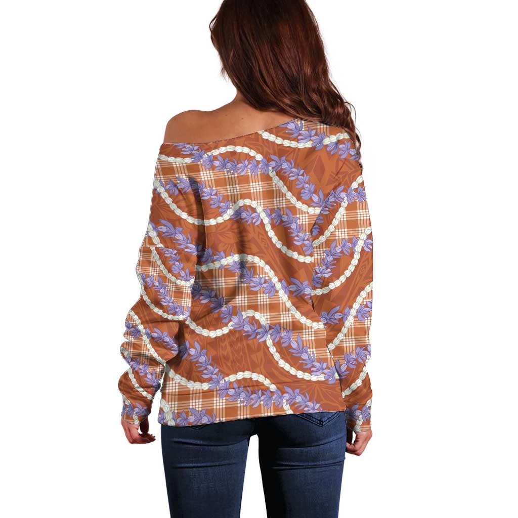Orange Hawaii Palaka Honohono Pikake Off Shoulder Sweater Hawaiian Orchid Lei Polynesian Pattern - Polynesian Pride
