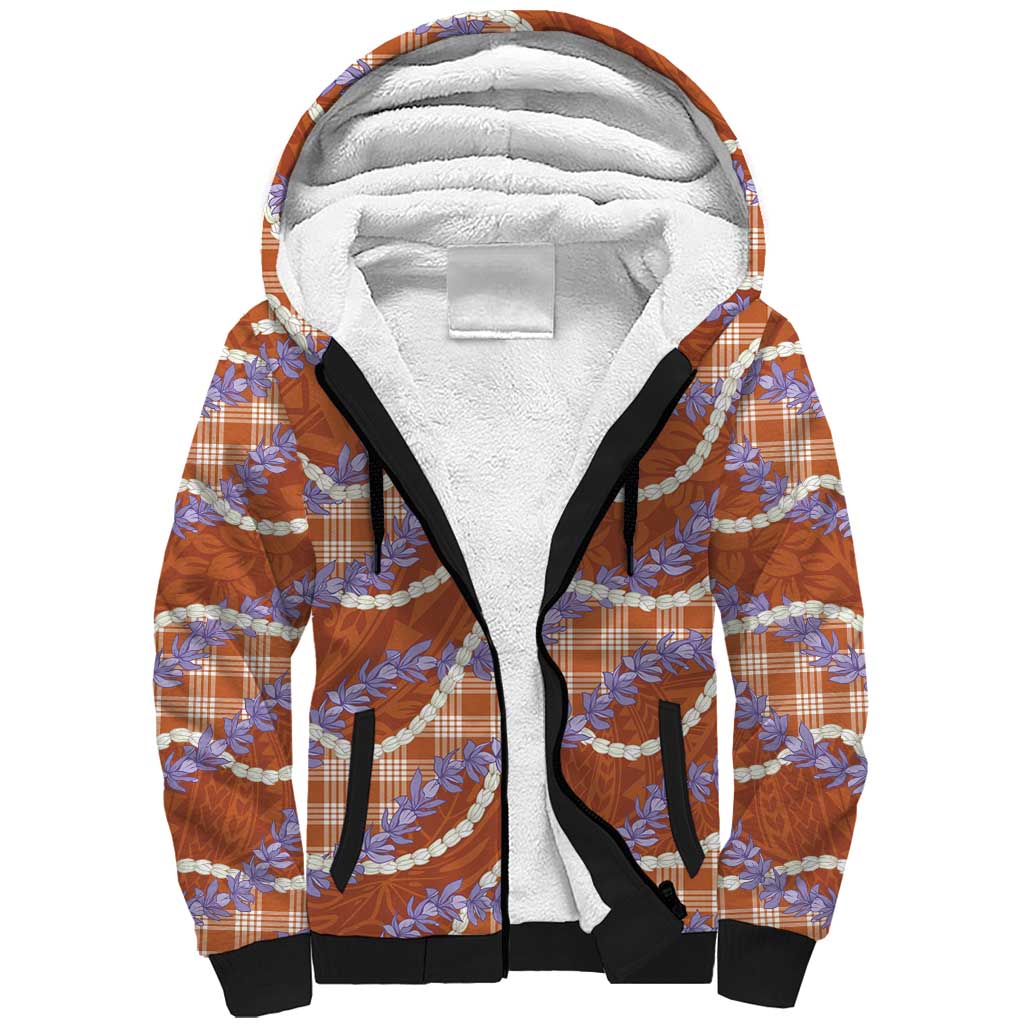 Orange Hawaii Palaka Honohono Pikake Sherpa Hoodie Hawaiian Orchid Lei Polynesian Pattern - Polynesian Pride