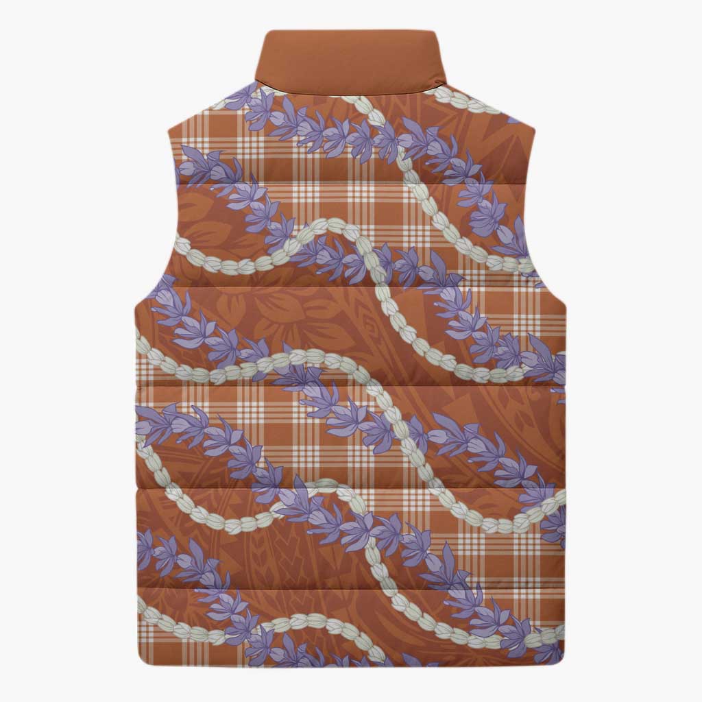 Orange Hawaii Palaka Honohono Pikake Sleeveless Puffer Jacket Hawaiian Orchid Lei Polynesian Pattern - Polynesian Pride