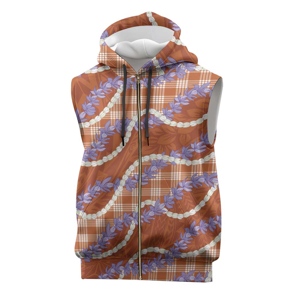 Orange Hawaii Palaka Honohono Pikake Sleeveless Zip Hoodie Hawaiian Orchid Lei Polynesian Pattern - Polynesian Pride