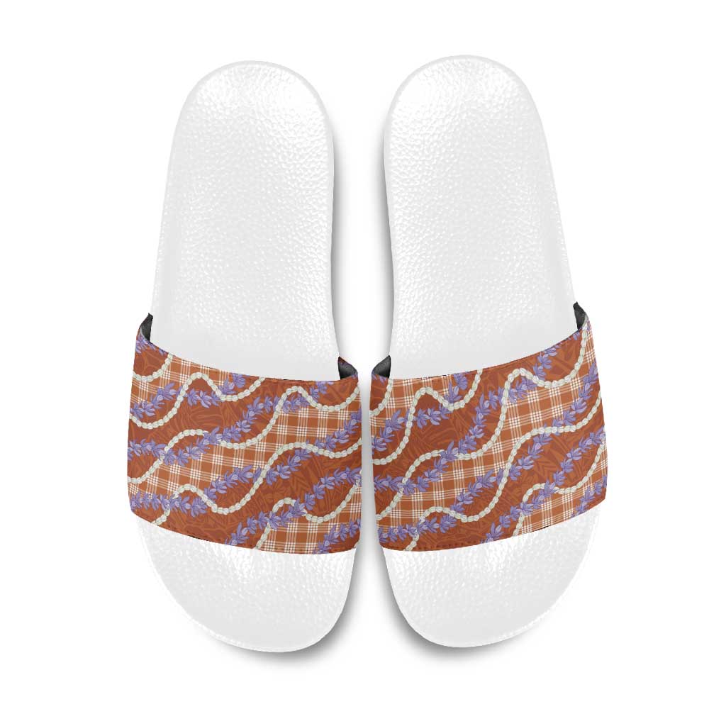 Orange Hawaii Palaka Honohono Pikake Slide Sandals Hawaiian Orchid Lei Polynesian Pattern - Polynesian Pride