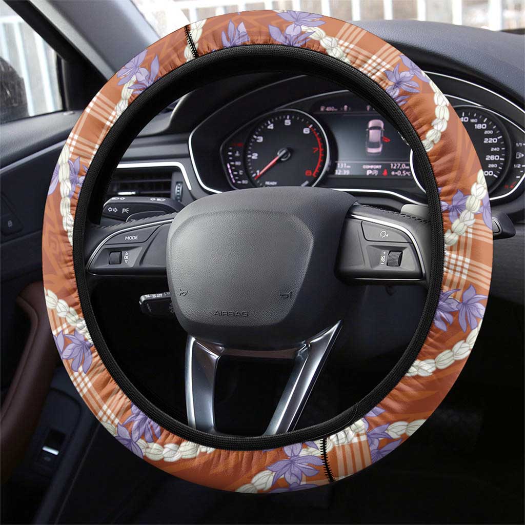 Orange Hawaii Palaka Honohono Pikake Steering Wheel Cover Hawaiian Orchid Lei Polynesian Pattern - Polynesian Pride
