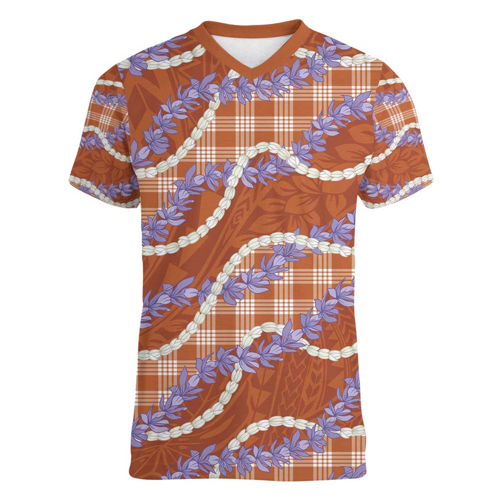 Orange Hawaii Palaka Honohono Pikake Women V-Neck T-Shirt Hawaiian Orchid Lei Polynesian Pattern - Polynesian Pride