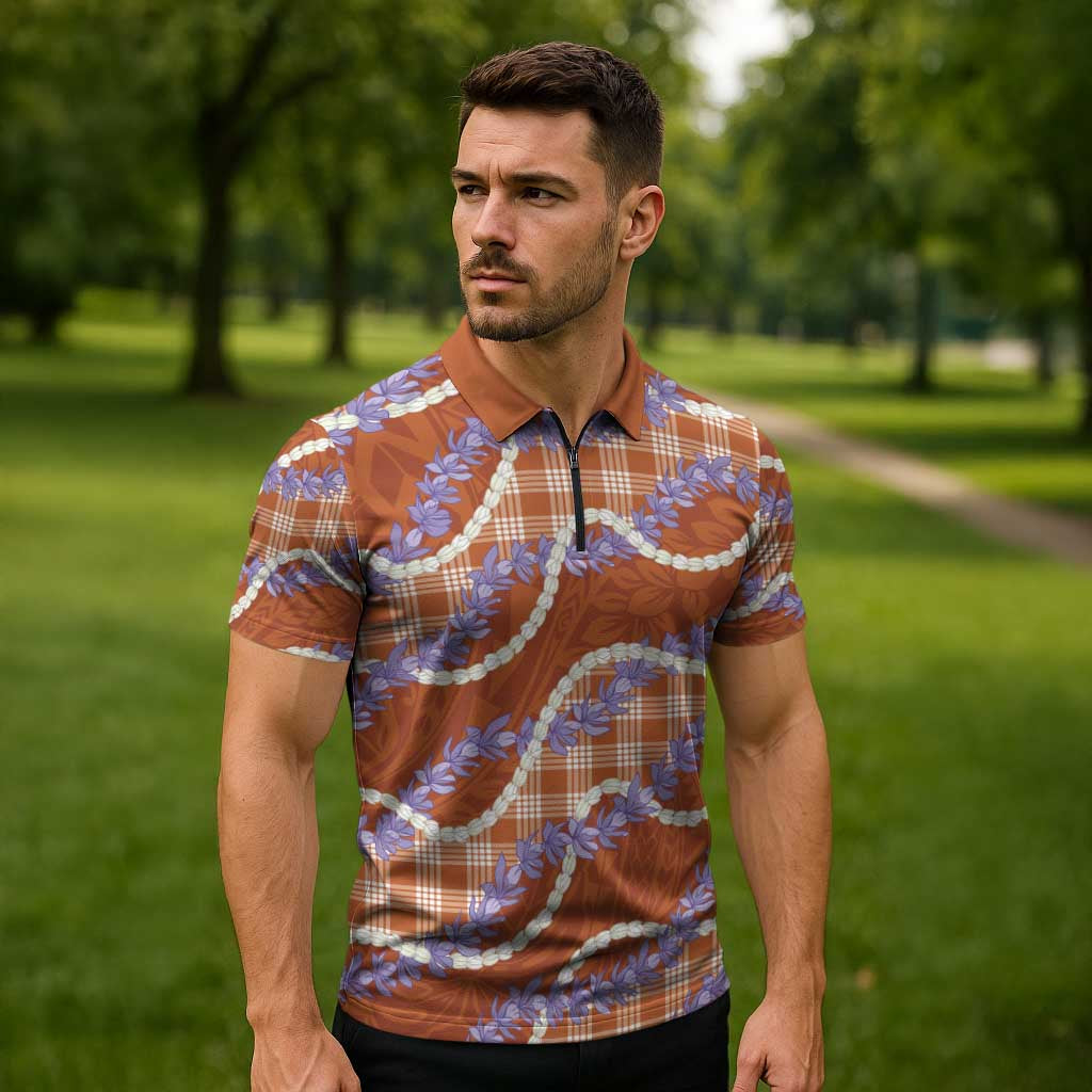 Orange Hawaii Palaka Honohono Pikake Zipper Polo Shirt Hawaiian Orchid Lei Polynesian Pattern - Polynesian Pride