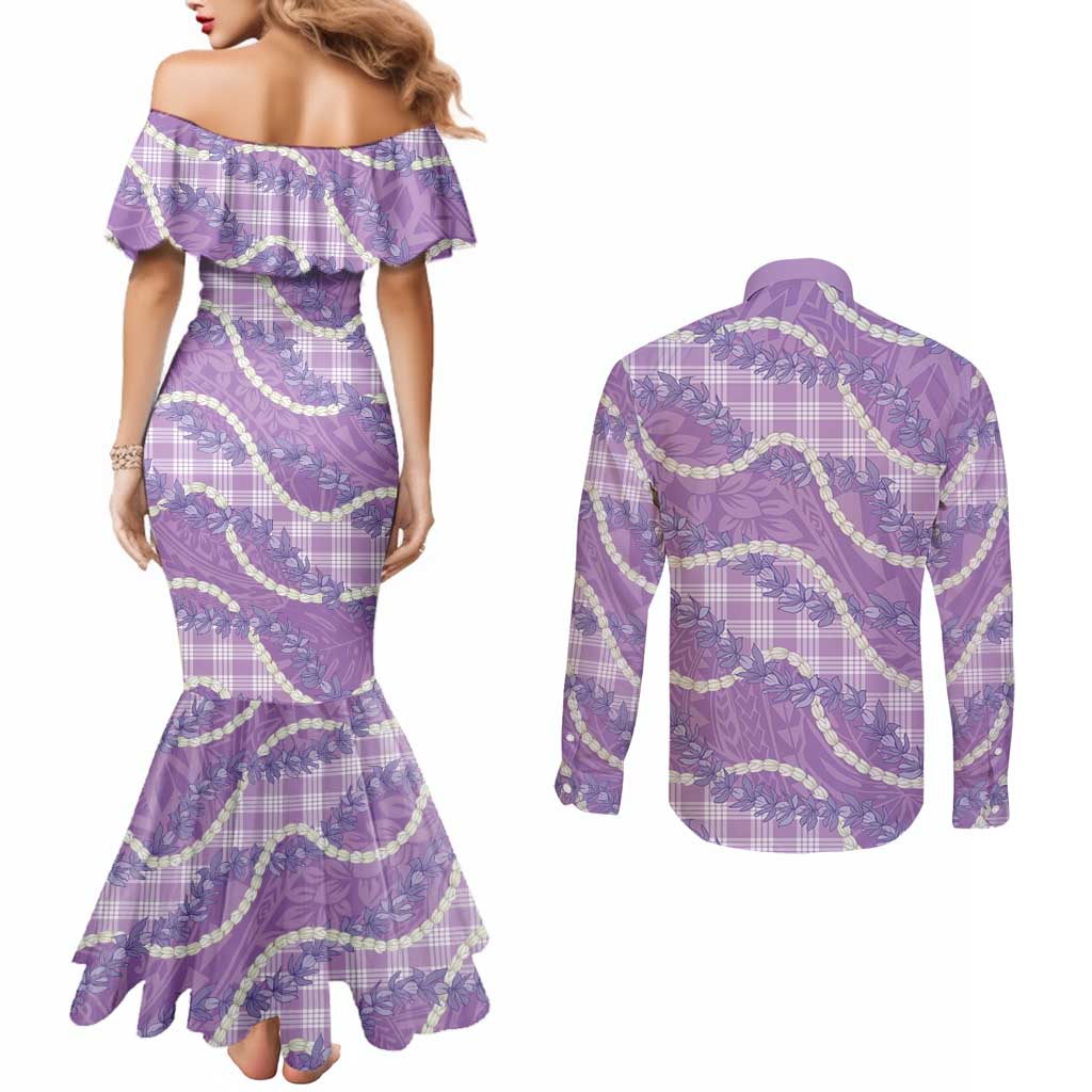 Purple Hawaii Palaka Honohono Pikake Couples Matching Mermaid Dress and Long Sleeve Button Shirt Hawaiian Orchid Lei Polynesian Pattern - Polynesian Pride