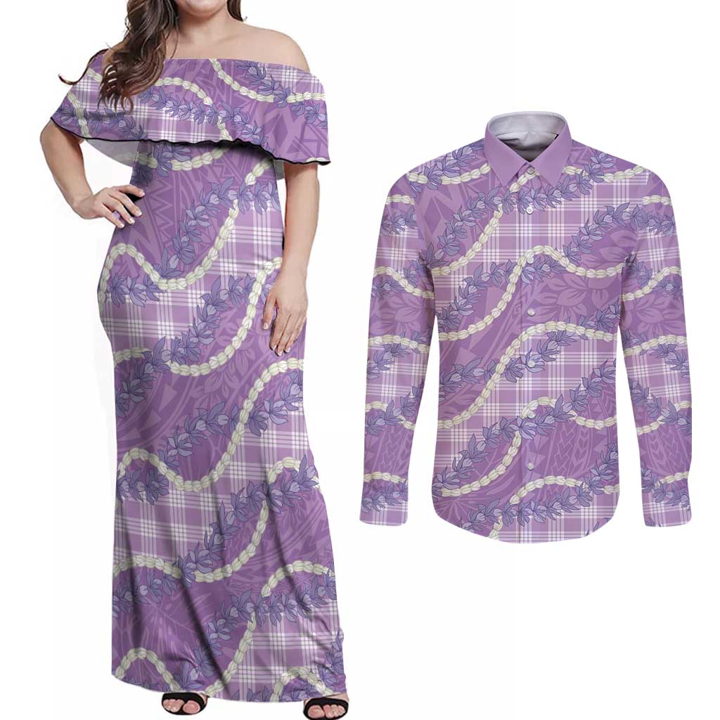 Purple Hawaii Palaka Honohono Pikake Couples Matching Off Shoulder Maxi Dress and Long Sleeve Button Shirt Hawaiian Orchid Lei Polynesian Pattern - Polynesian Pride