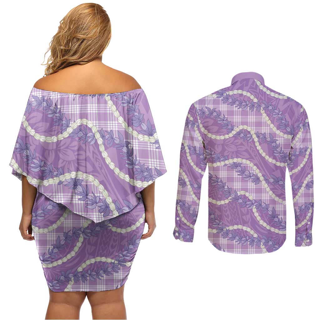 Purple Hawaii Palaka Honohono Pikake Couples Matching Off Shoulder Short Dress and Long Sleeve Button Shirt Hawaiian Orchid Lei Polynesian Pattern - Polynesian Pride