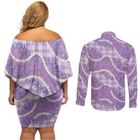 Purple Hawaii Palaka Honohono Pikake Couples Matching Off Shoulder Short Dress and Long Sleeve Button Shirt Hawaiian Orchid Lei Polynesian Pattern - Polynesian Pride