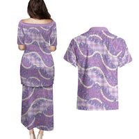 Purple Hawaii Palaka Honohono Pikake Couples Matching Puletasi and Hawaiian Shirt Hawaiian Orchid Lei Polynesian Pattern - Polynesian Pride