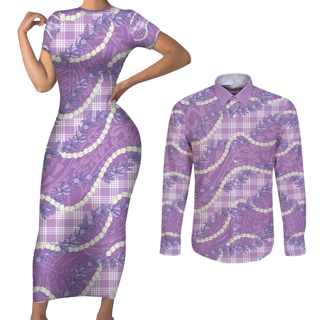Purple Hawaii Palaka Honohono Pikake Couples Matching Short Sleeve Bodycon Dress and Long Sleeve Button Shirt Hawaiian Orchid Lei Polynesian Pattern - Polynesian Pride