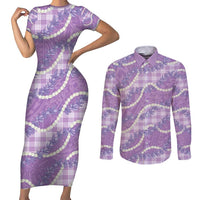 Purple Hawaii Palaka Honohono Pikake Couples Matching Short Sleeve Bodycon Dress and Long Sleeve Button Shirt Hawaiian Orchid Lei Polynesian Pattern - Polynesian Pride
