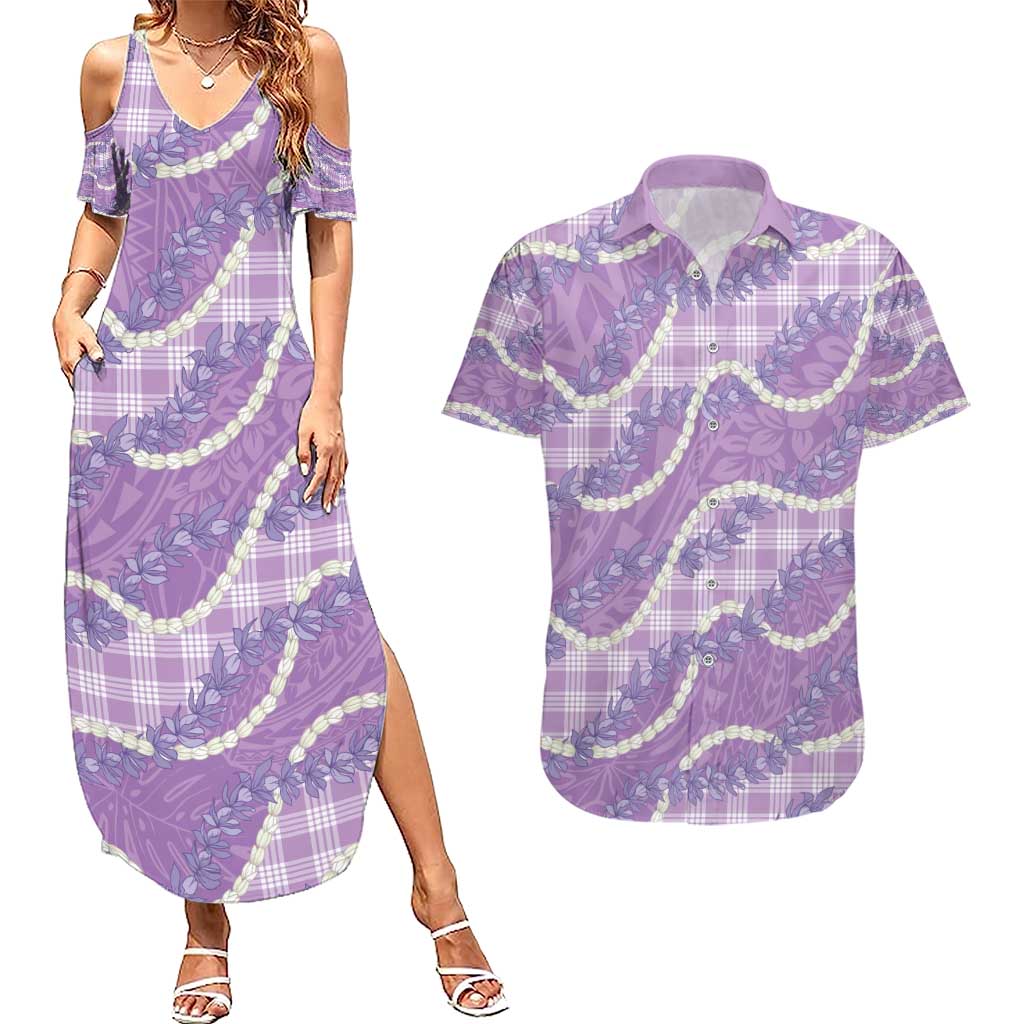 Purple Hawaii Palaka Honohono Pikake Couples Matching Summer Maxi Dress and Hawaiian Shirt Hawaiian Orchid Lei Polynesian Pattern - Polynesian Pride
