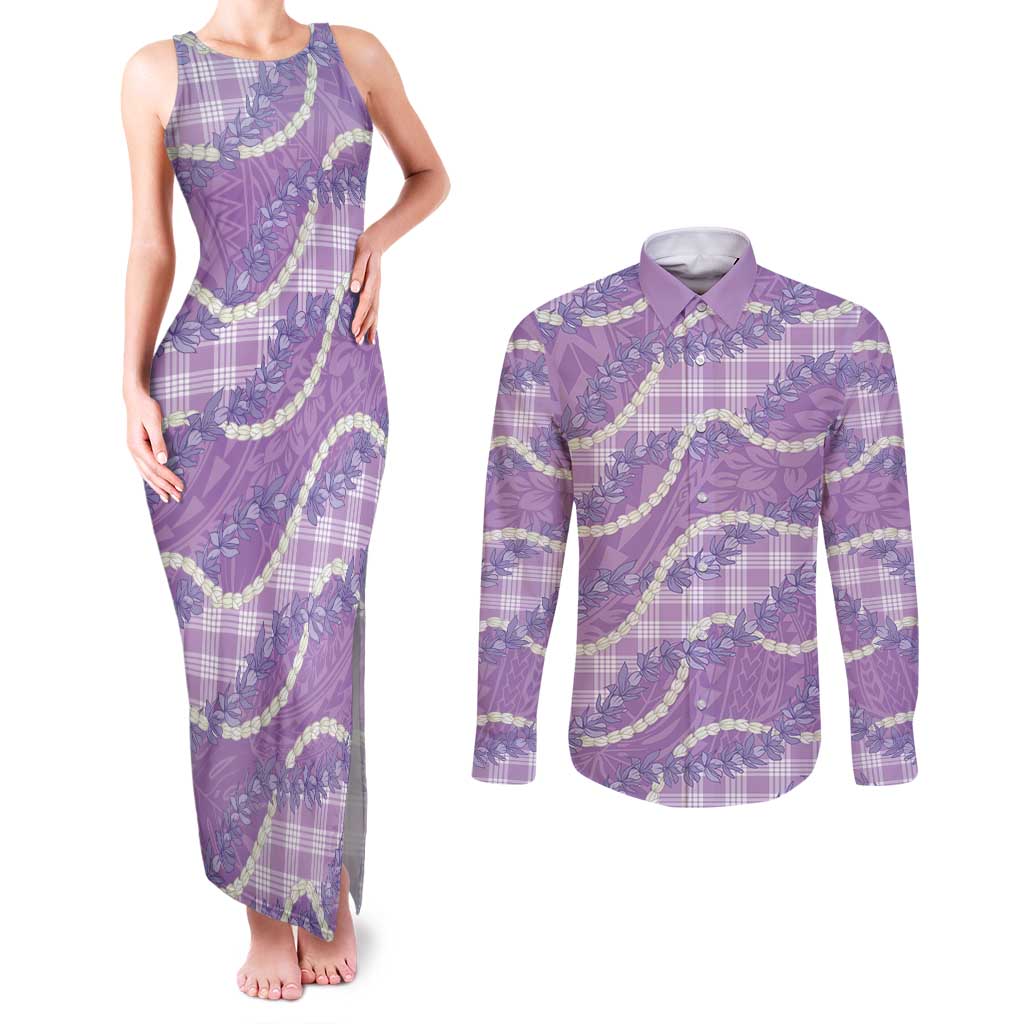 Purple Hawaii Palaka Honohono Pikake Couples Matching Tank Maxi Dress and Long Sleeve Button Shirt Hawaiian Orchid Lei Polynesian Pattern - Polynesian Pride