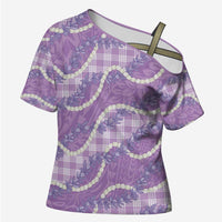 Purple Hawaii Palaka Honohono Pikake Cross Shoulder Shirt Hawaiian Orchid Lei Polynesian Pattern - Polynesian Pride